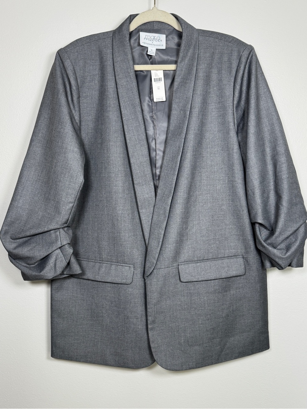Anthropologie Maeve Gray Open Front Blazer XL NWT Ruched Sleeve Career Jacket